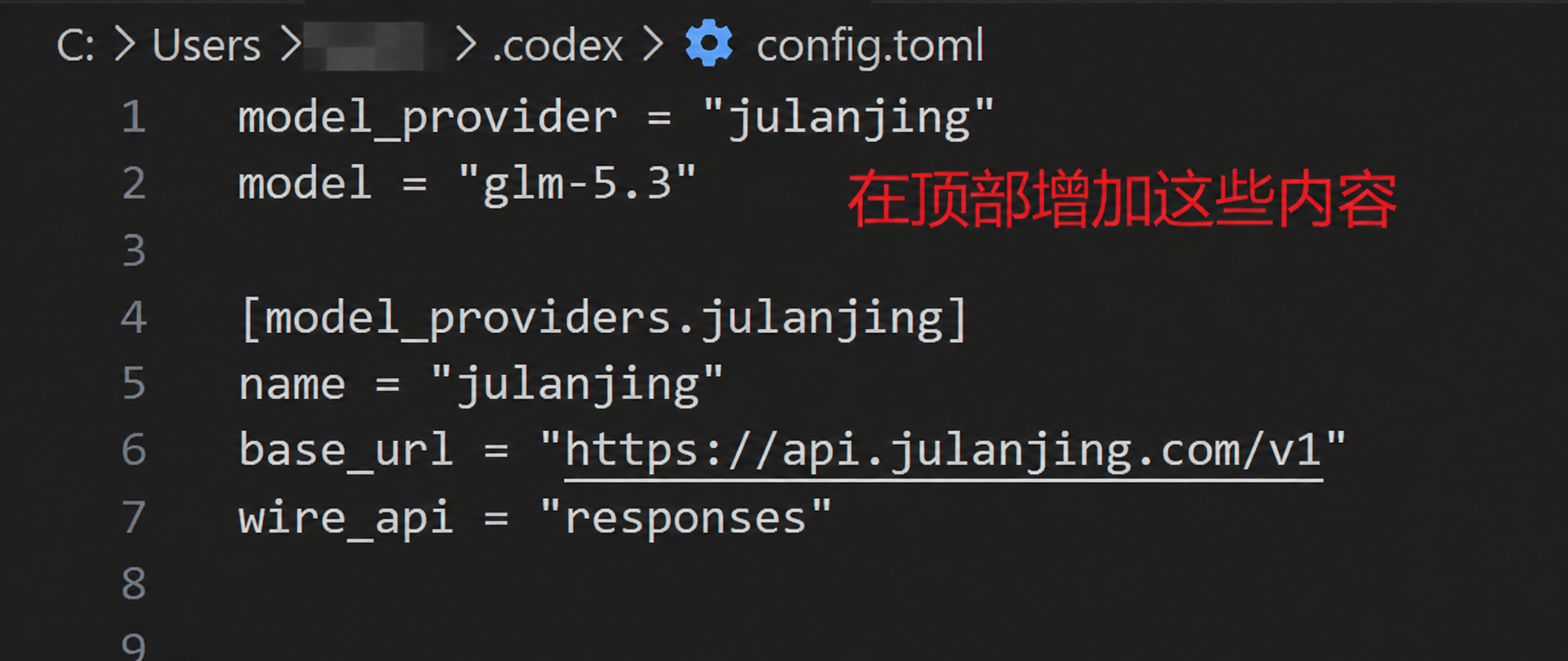 在 config.toml 顶部添加 巨蓝鲸AI 配置